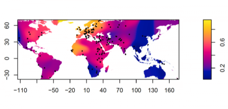 World map showing rates of lactose tolerance.
